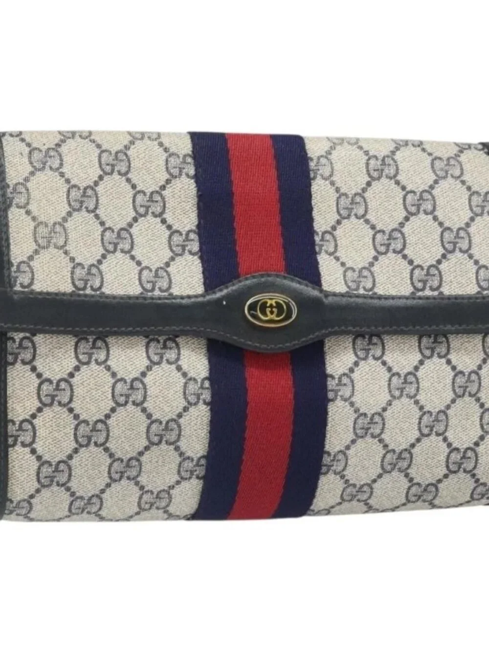GUCCI GG Supreme Sherry Line Clutch Bag PVC Navy Gold 010 378 Auth BA10399